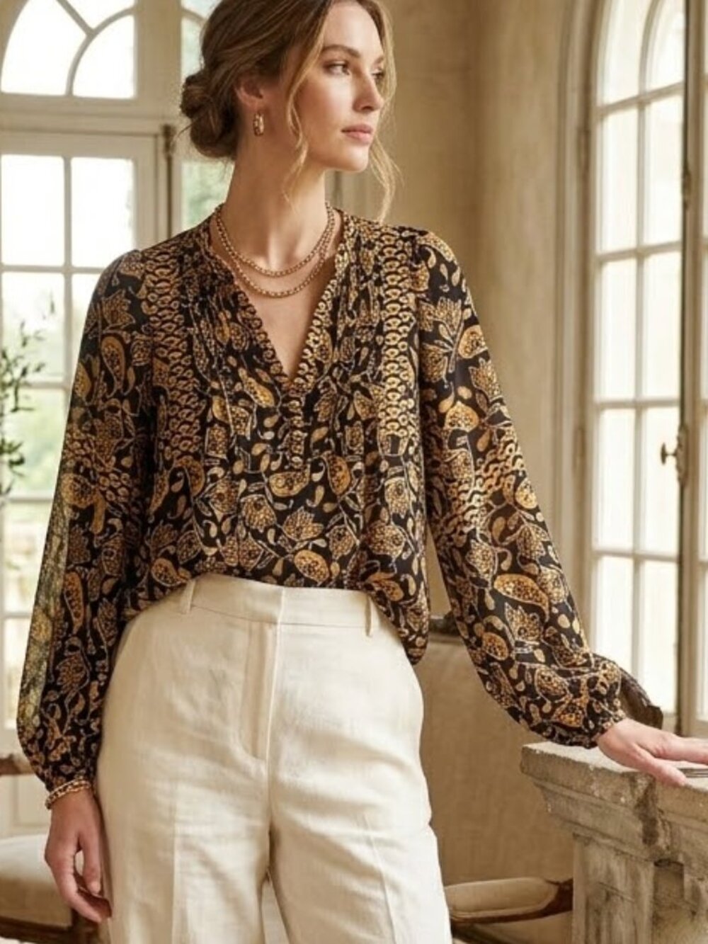 Rose + Olive Split V-Neck Pintuck Balloon Sleeve Peasant Boho Blouse Size Small
